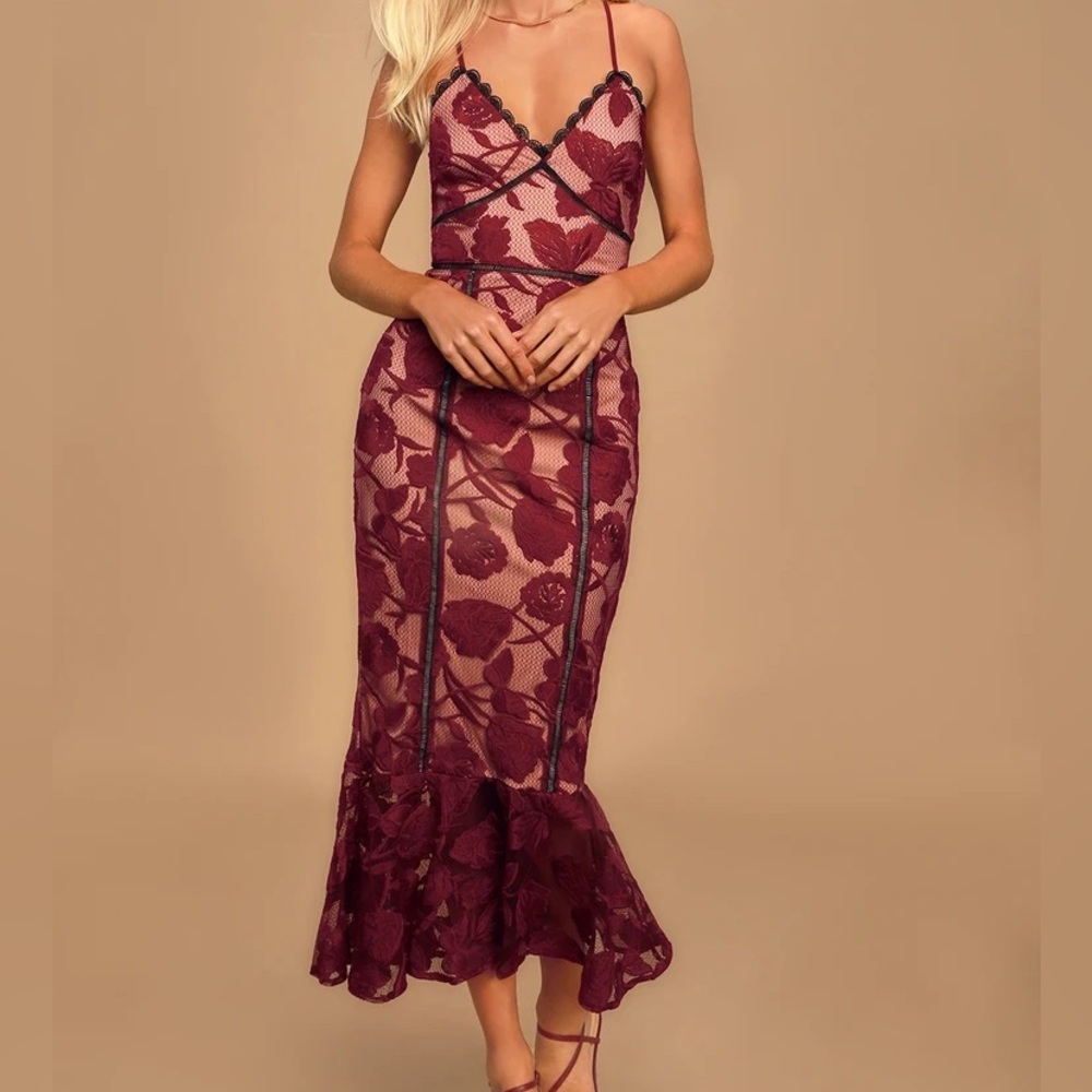 Lulus Burgundy Floral Mesh Lace Trumpet Midi Dress